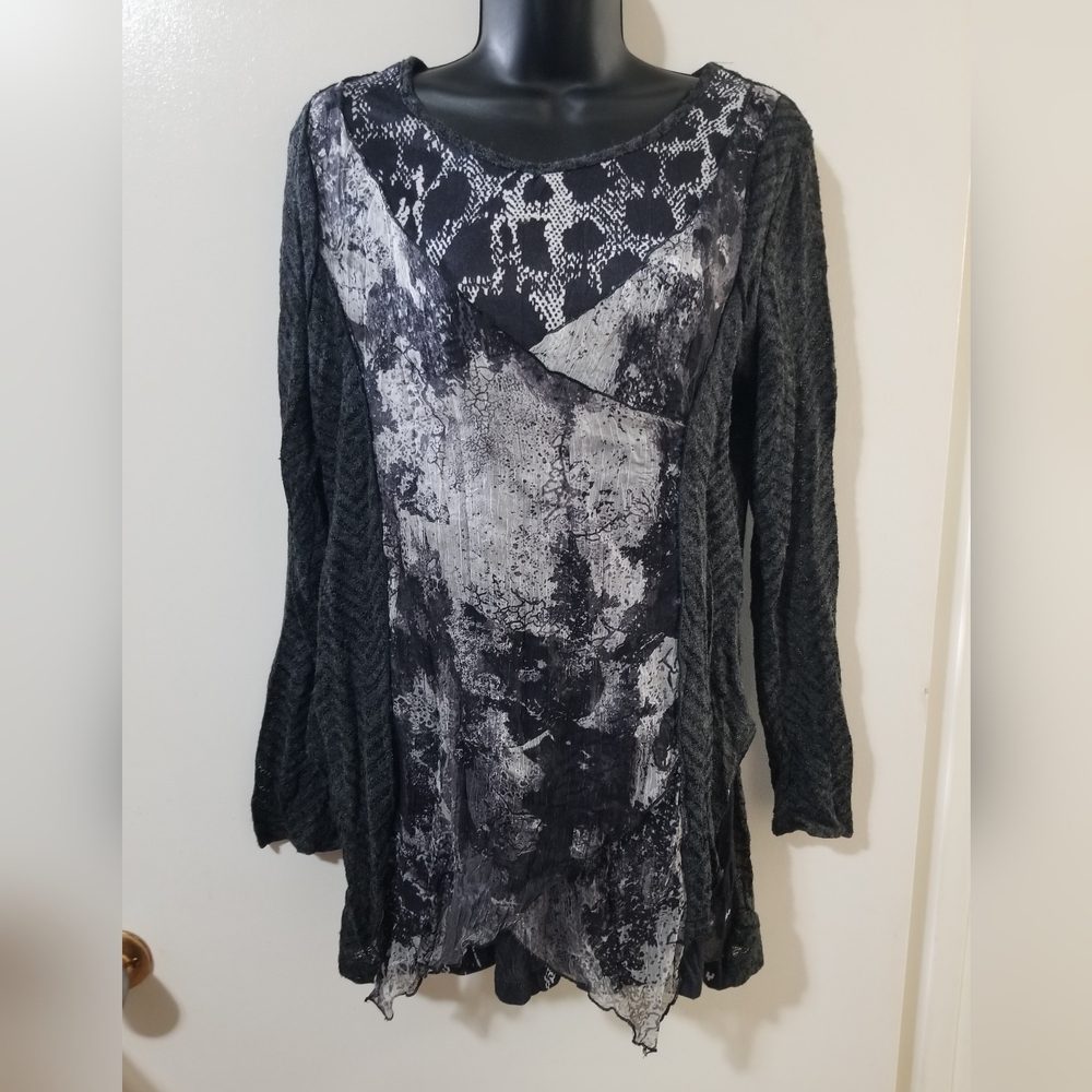 Alison Sheri Gothic Sheer Shimmer Knit Black and Gray Top
